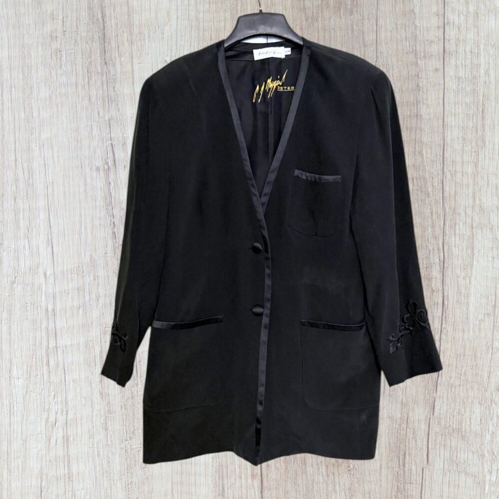 Vintage Peter Nygård Saks Silk Black Blazer 16W Embroidery Evening Minimalist